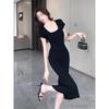 Hollow Backless Split Small Black Dress Women's Summer New Waist Thin Pear-shaped Super Body Dress