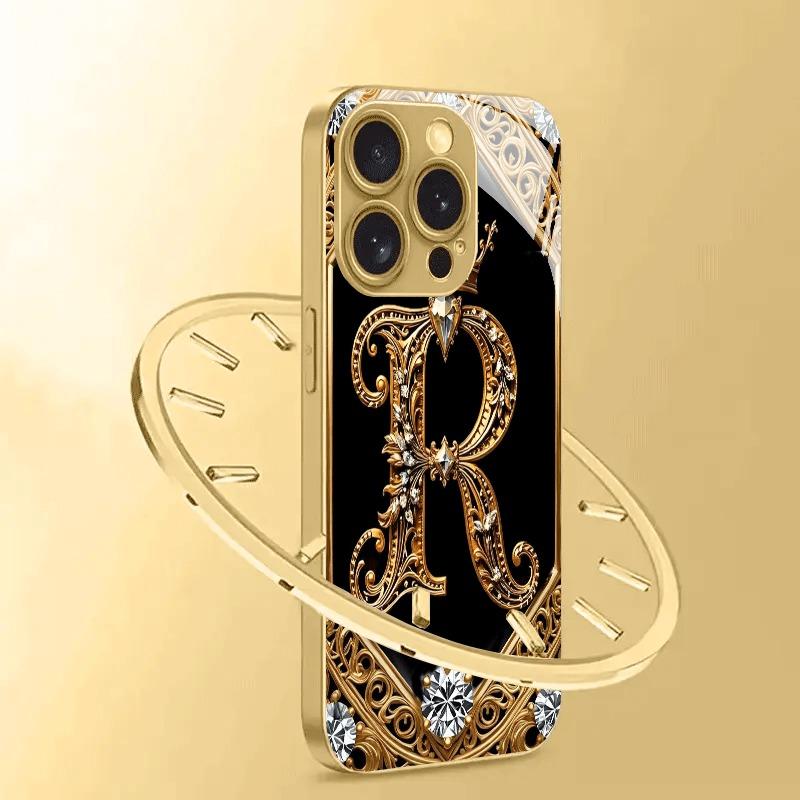 Creatieve Elegante Letter R Goud Metallic Verf Glas Telefoonhoesje Voor iPhone 17 16 15 14 13 12 11 Pro Max 14 Plus 17 Air 16E Cover