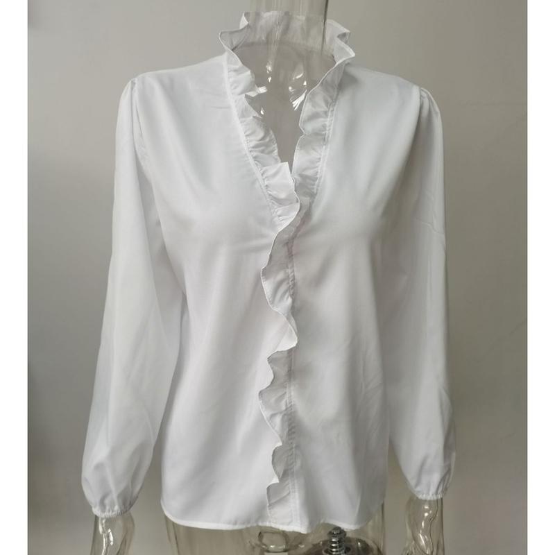 Sommer Herbst Neue Langarm Rüschen Casual Shirt Frauen Tops Vintage Print Elegante Plus Größe Bluse Frauen Mode Tasten Lose Weibliche Shirts 24662