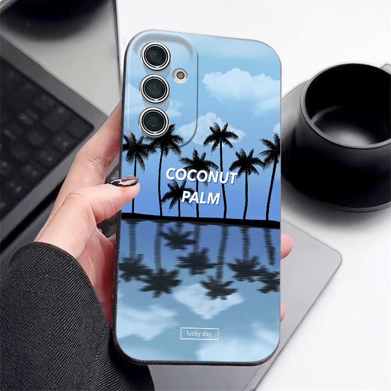 Creative Coconut Sunset Print Case For Samsung S26 S25 S24 Ultra S23 S22 S21 FE A15 A16 A17 A35 A36 A37 A54 A55 A56 A57 5G Leather Texture Cover