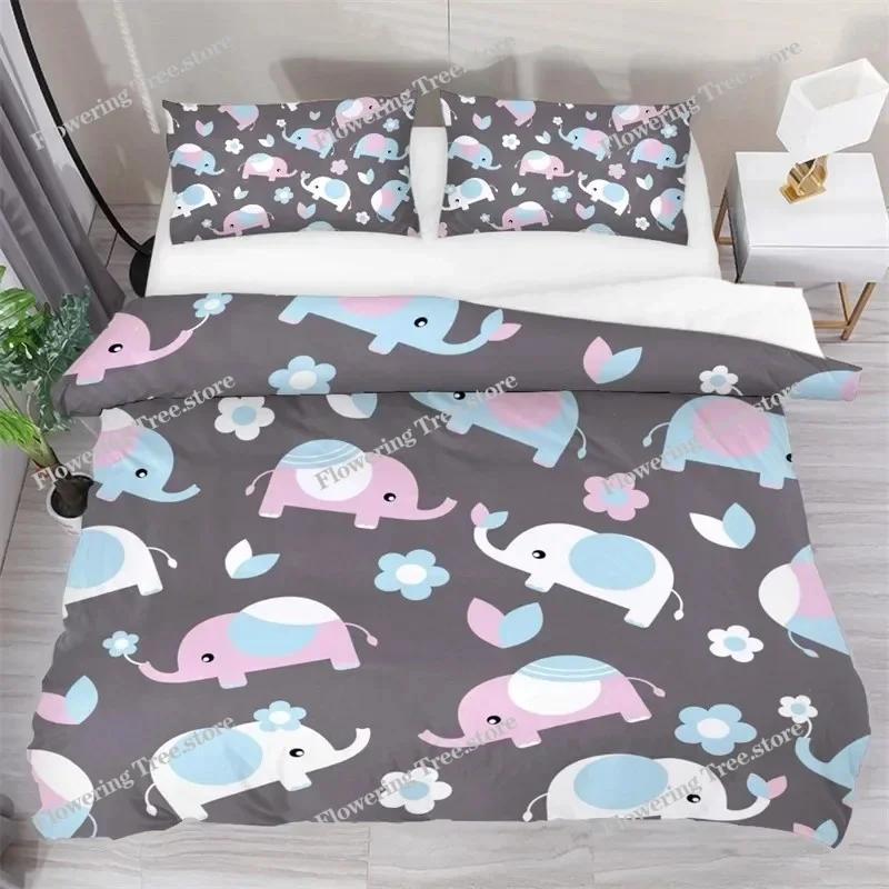 Kids Cartoon Elephant Duvet Cover Lovely Animal Theme Bedding Set Full For Girls Boys Kawaii Room Decor Microfiber Quilt Cover