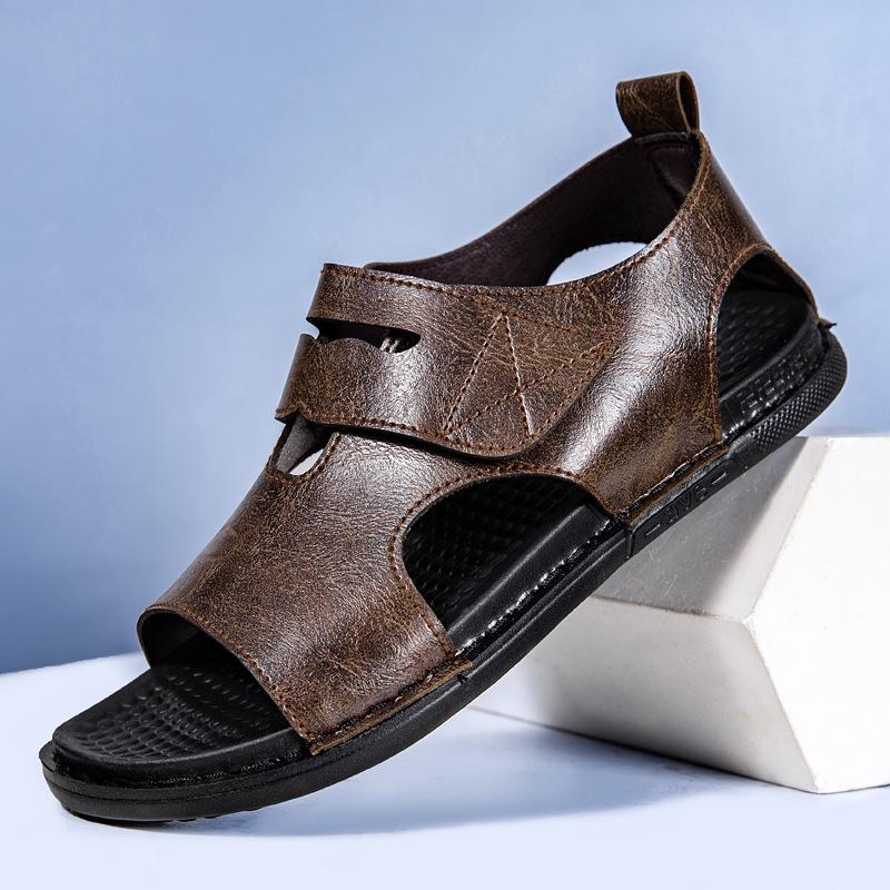 Men s 2026 Summer Breathable Leather Sandals with Velcro and Soft Sole. 44