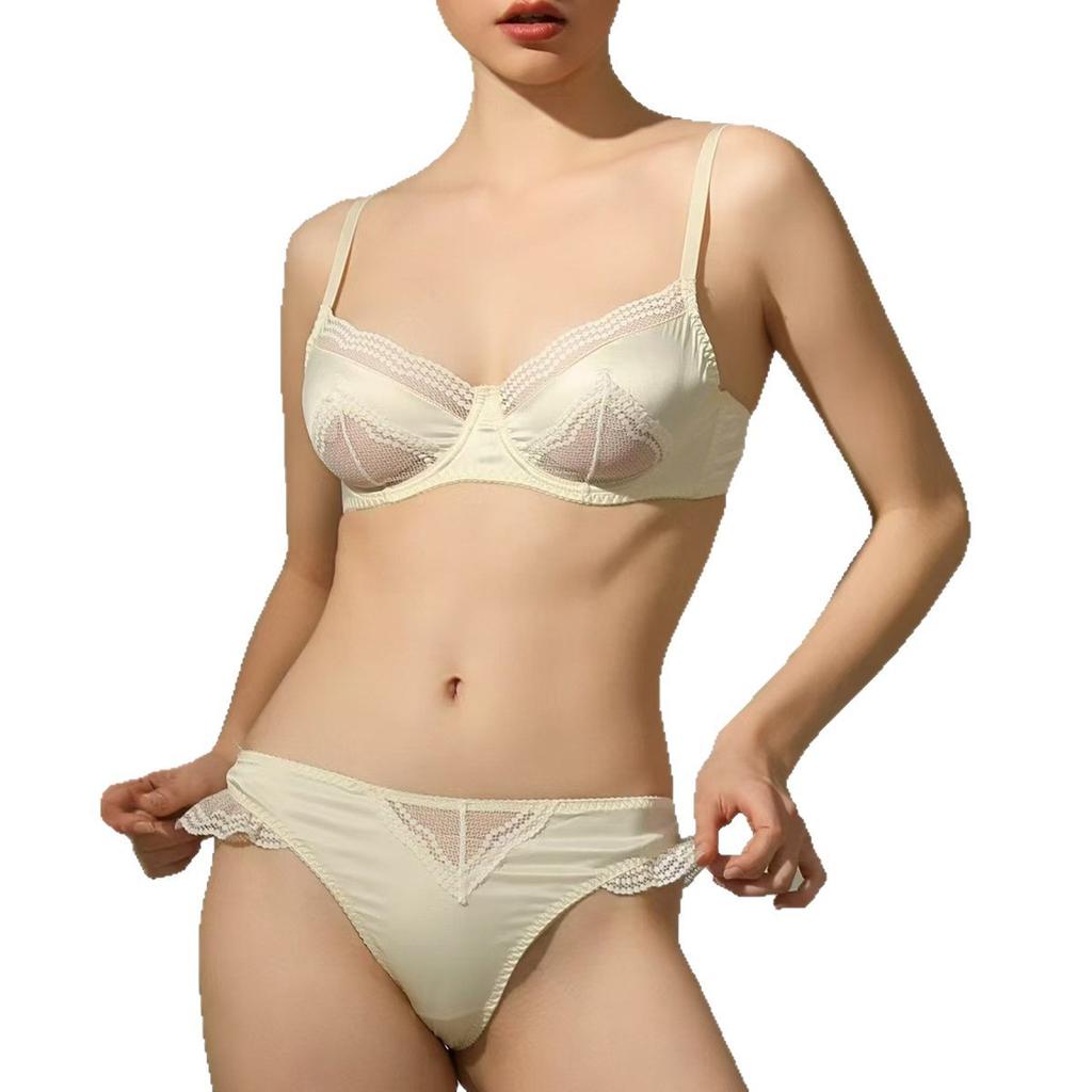 French Underwear Women's Sexy Ultra-thin Satin Lace Big Breasts Small Anti-sagging Bra Set