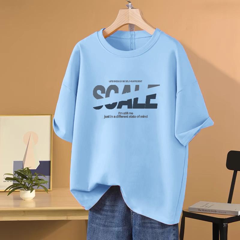 Damen Trendiges Baumwoll Kurzarm Rundhals Bedrucktes T-Shirt für Sommer