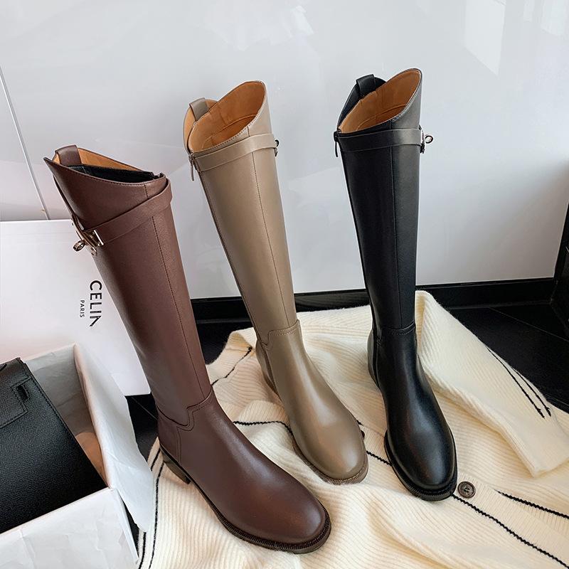 Cowhide~ Grape Ma Leather Boots Women's Belt Buckle Knee Boots Medium and High Knight Boots