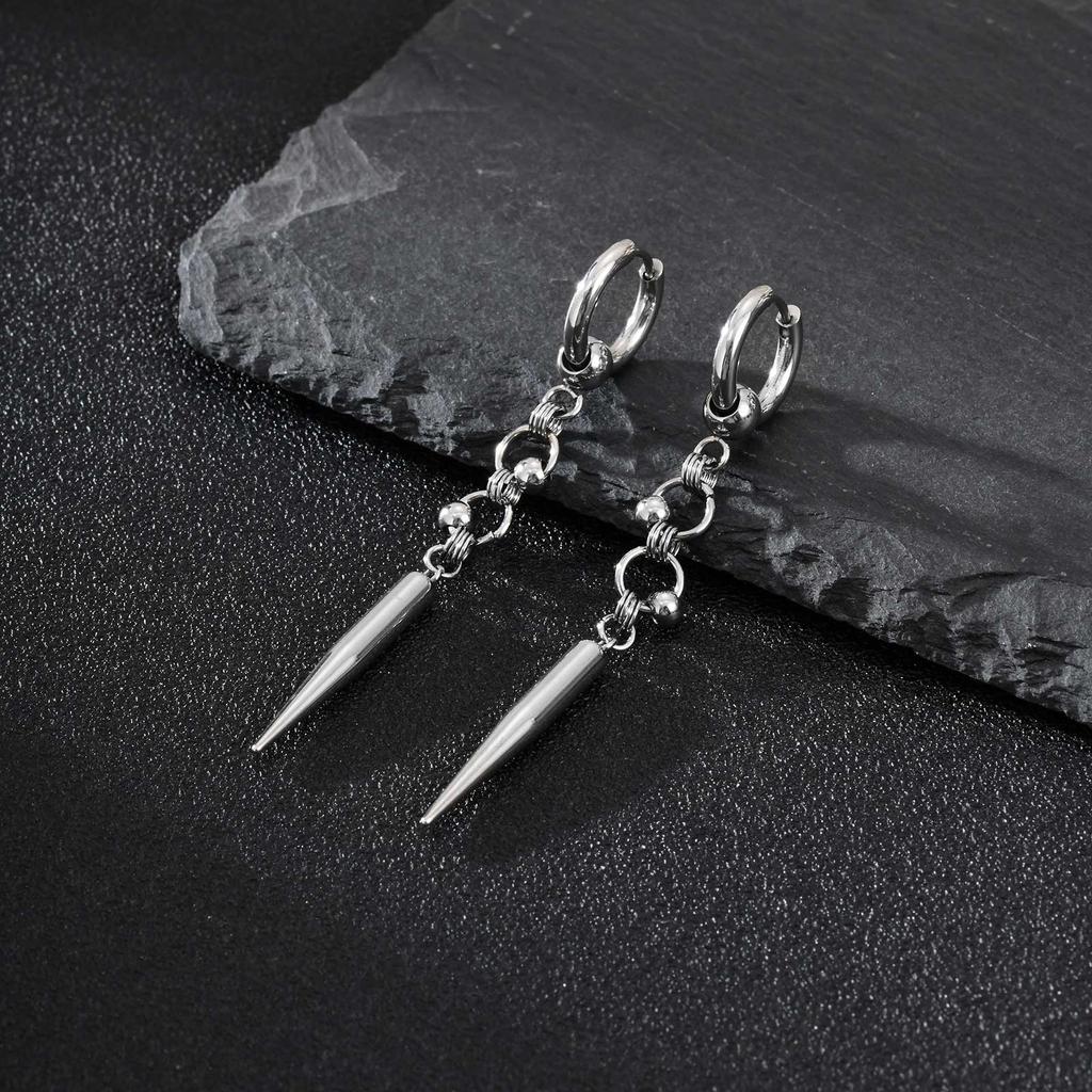 Vintage Fashion Punk Gothic Cone Pendant Earrings for Men, Stainless Steel Silver Color Drop Earrings, Retro Hip-hop Jewelry
