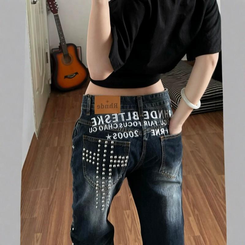 Y2K Streetwear High-Waisted Distressed Denim Jeans Women With Rivet Detail Cropped Wide-Leg Fit