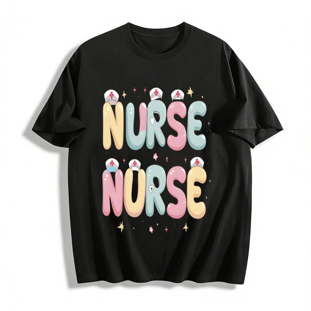 

Cute Color Block Nurse Print Casual Top For Women Pure cotton T-shirt XXS