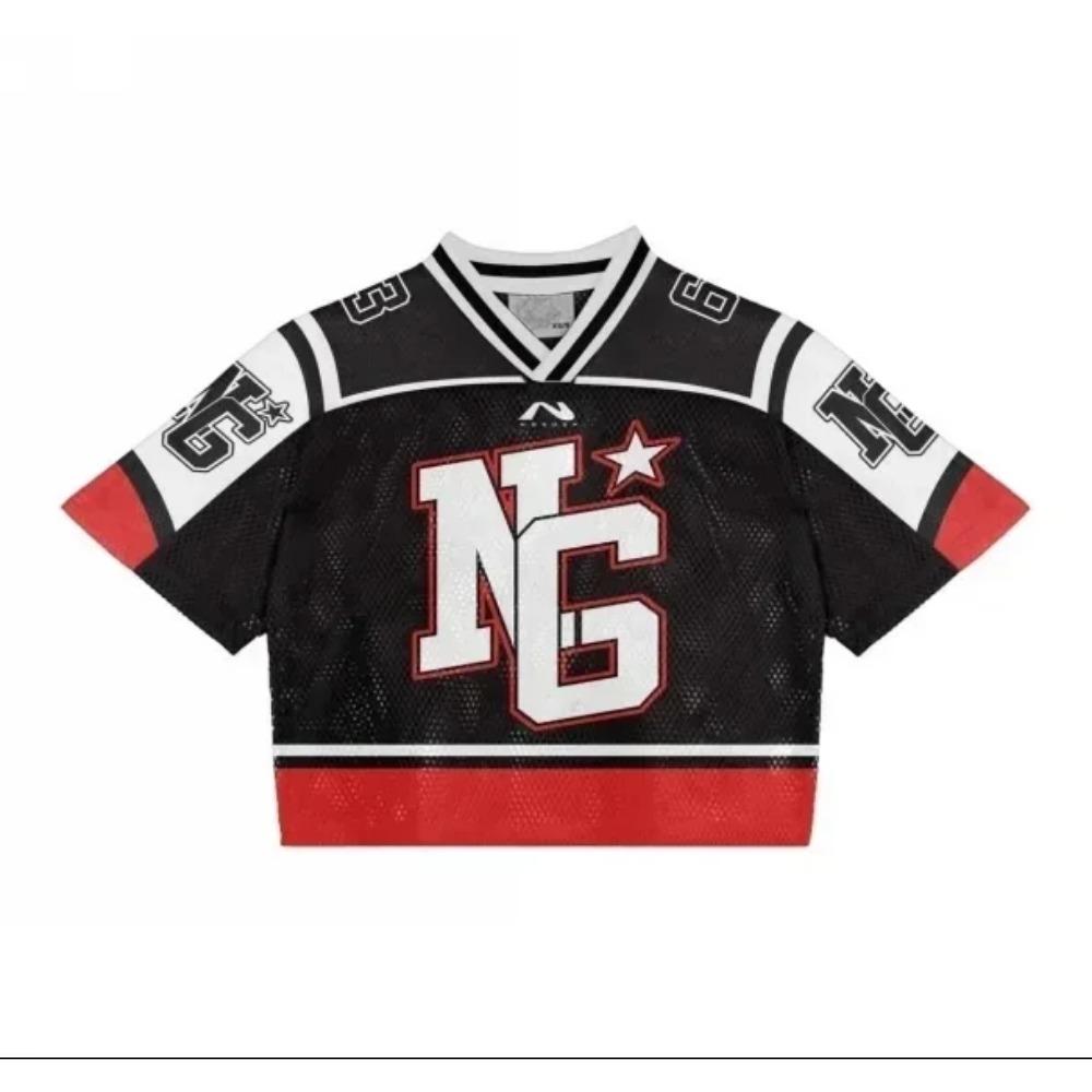 RogueWave Y2K T Shirt American Fashionable Breathable Splicing Loose Football Jersey Streetwear Casual Breathable Unisex Short Sleeve Top
