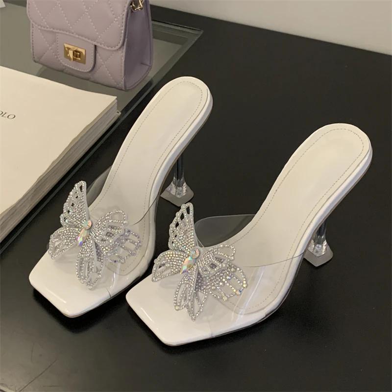 

Eilyken 2025 Summer Fashion PVC Transparent Butterfly-knot Square Toe Woman Slippers Crystal Heels Slide Shoes 41