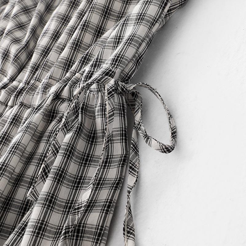 2026 Women's Black & White Plaid Drawstring V-Neck Cotton Sleeveless A-line Summer Dress