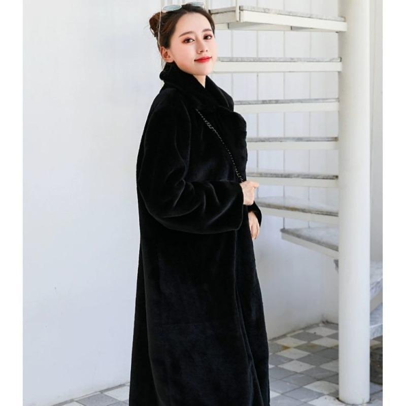 

Зимовий довгий костюм з імітацією хутра кролика, вільний теплий жіночий тренч у повсякденному стилі з коміром імітація хутра M чорний