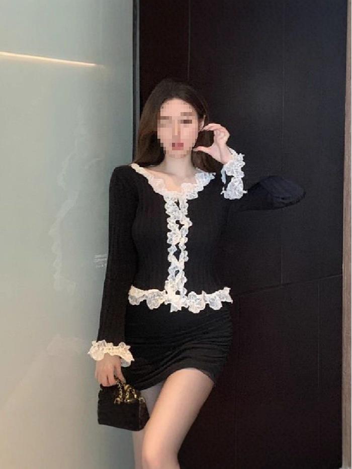 New Arrival: French Fashion Lace Patchwork Knit Cardigan - Sweet & Slim Fit for Early Autumn