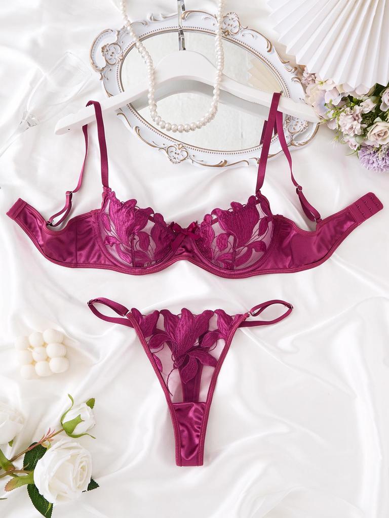 Sweet Lace Embroidered Mesh See-Through Lingerie Set