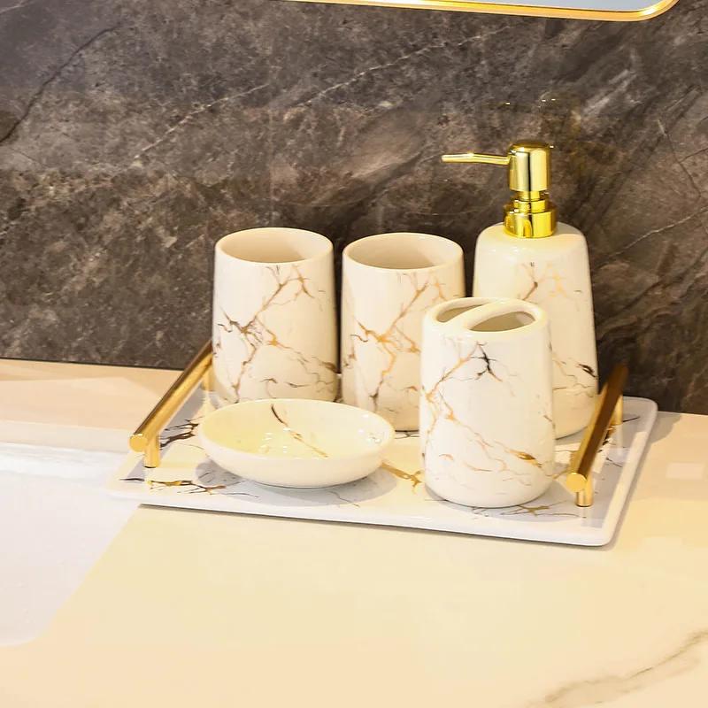 Creative Marble Texture Ceramic Toothbrush Cup Bathroom Accessories Set Soap Bottle Toothbrush Holder Soap Dish Household Tray