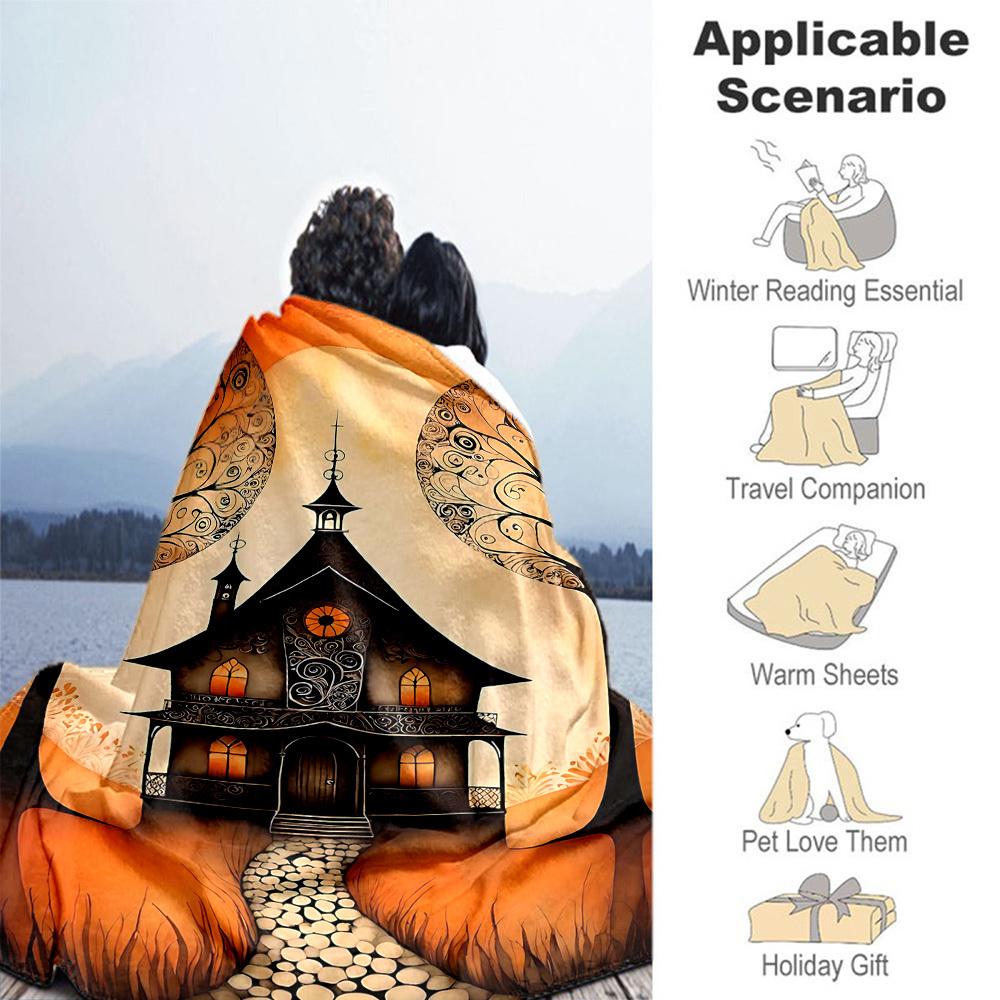 1pc haunted house autumn Outdoor Flannel Blanket Soft Warm All-Season Throw for Sofa Bed Car Camping Office, Cozy Gift Idea1256S