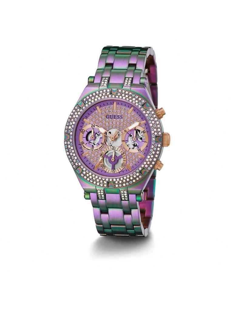 Guess Women's Crystals Iridescent Stainless Steel Fashion Chronograph Watch for Suitable for Daily Party Wear Holiday Party Gift GW0440L3