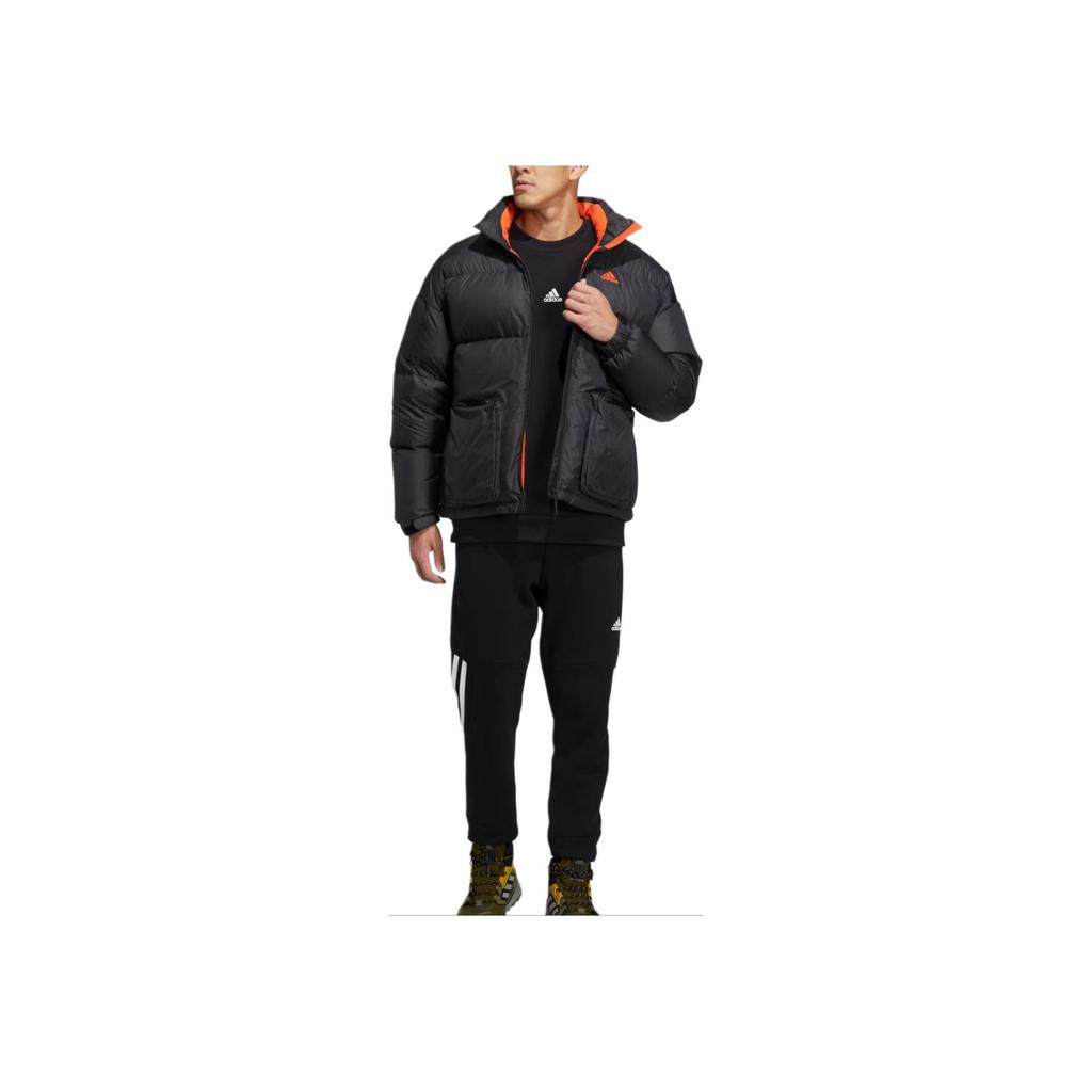 Adidas Einfarbige Stehkragen-Daunenjacke mit Reißverschluss und Markenlogo-Aufdruck, Unisex-Jacken, Schwarz HN2102