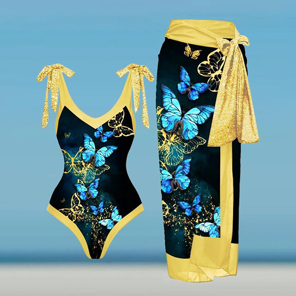 Fashion Women's Sexy Printed V Neck Strap Backless Beachwear Monokini Bikini Swimsuit  2 Piece Swimsuit