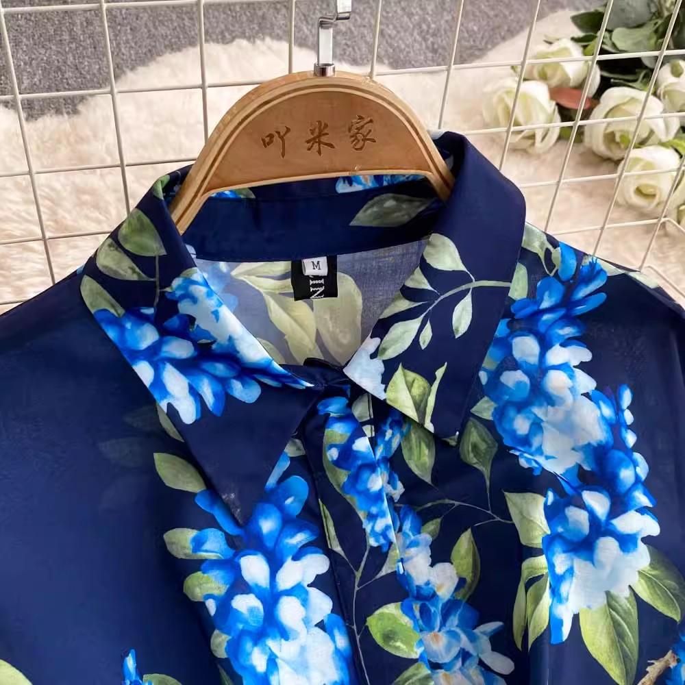 Summer Elegant Short Sleeve A Line Shirt Dresses Women's Turn Down Collar Vintage Leaves Print Runway Belt Midi Dresses
