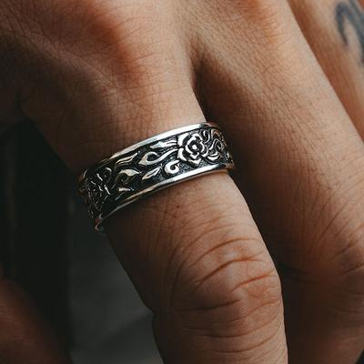 Vintage Różowy Wytłaczany Regulowany Pierścionek Mężczyźni Kobiety Sterling Minimalistyczny Boho Statement Biżuteria
