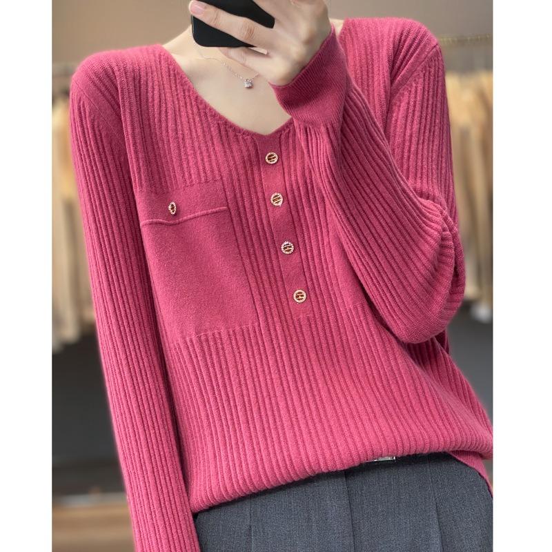 Herbst- und Winter-Strickwaren für Damen mit langen Ärmeln, Strickpullover mit V-Ausschnitt und inneren Pit-Streifen