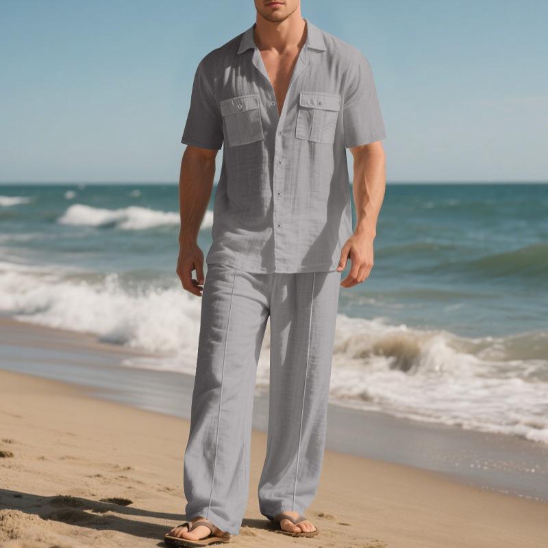 Men's European and American Casual Linen Short-Sleeve Shirt & Long Pants Set