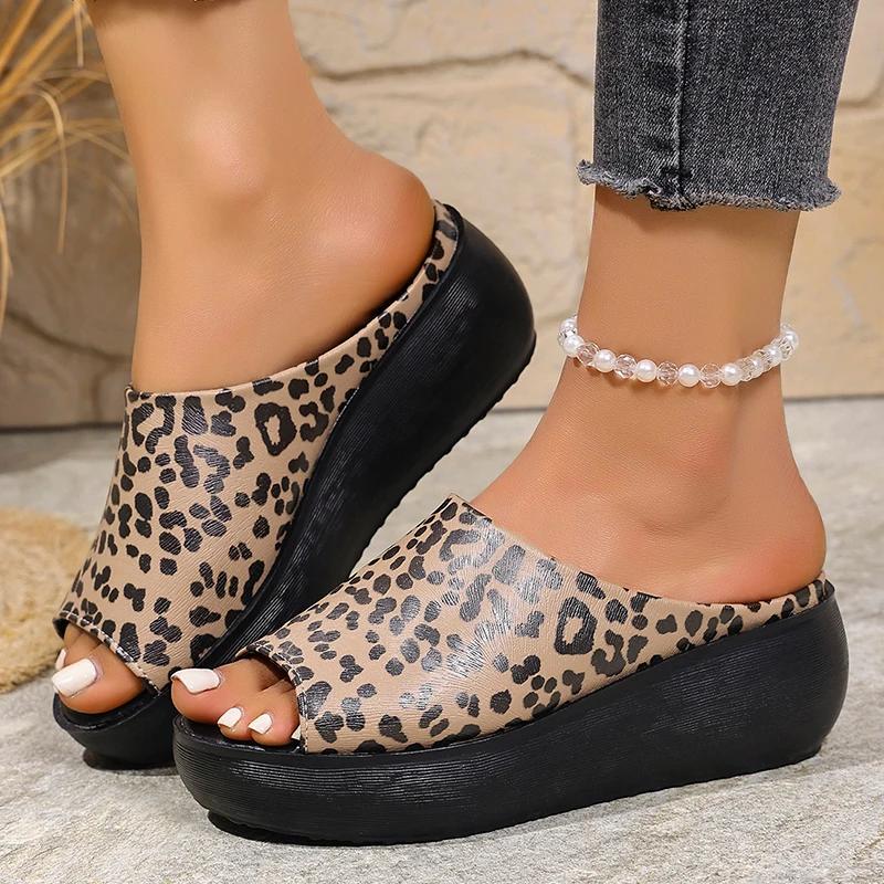 Fashion Leopard Zebra Print Decor Wedges Sandals Women Summer Thick Sole Non Slip Slippers Woman Plus Size Chunky Platform Beach Shoes