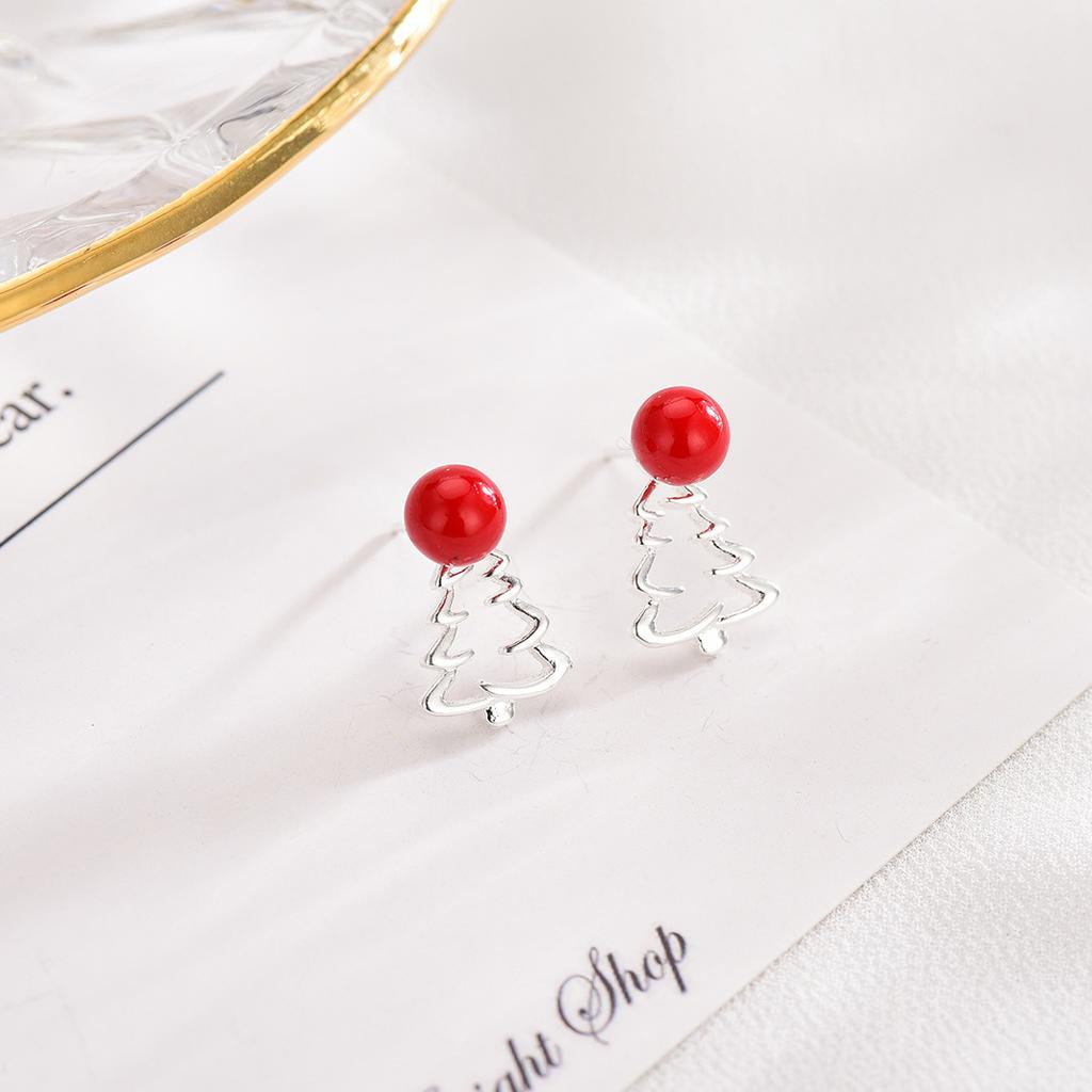Christmas Tree Stud Earrings Female Simple Mori Small Fresh Red Bead Earrings
