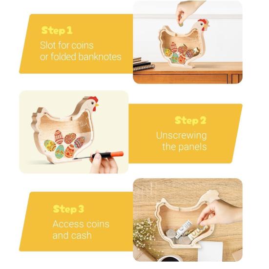 Dřevěná pokladnička pro děti nerozbitná králík kuře pokladnička roztomilá spořící nádoba na mince vánoční narozeninový velikonoční dárek pro kluky holky