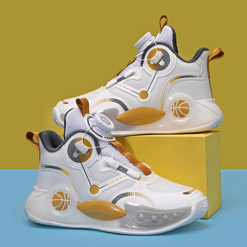 2025 new lace-free classmates Boys mesh breathable basketball shoes Middle and older children non-slip rotating buckle running shoes