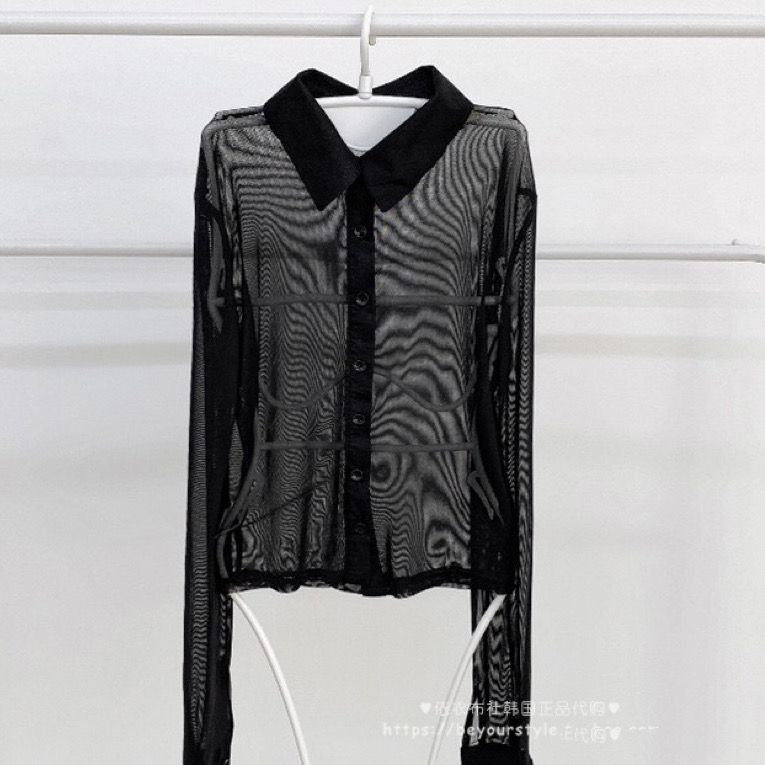 Sexy Woman's Taste Shows Chest and Figure, Mesh Versatile Lapel Shirt with Base and Inner Shirt, Micro-perspective Top.