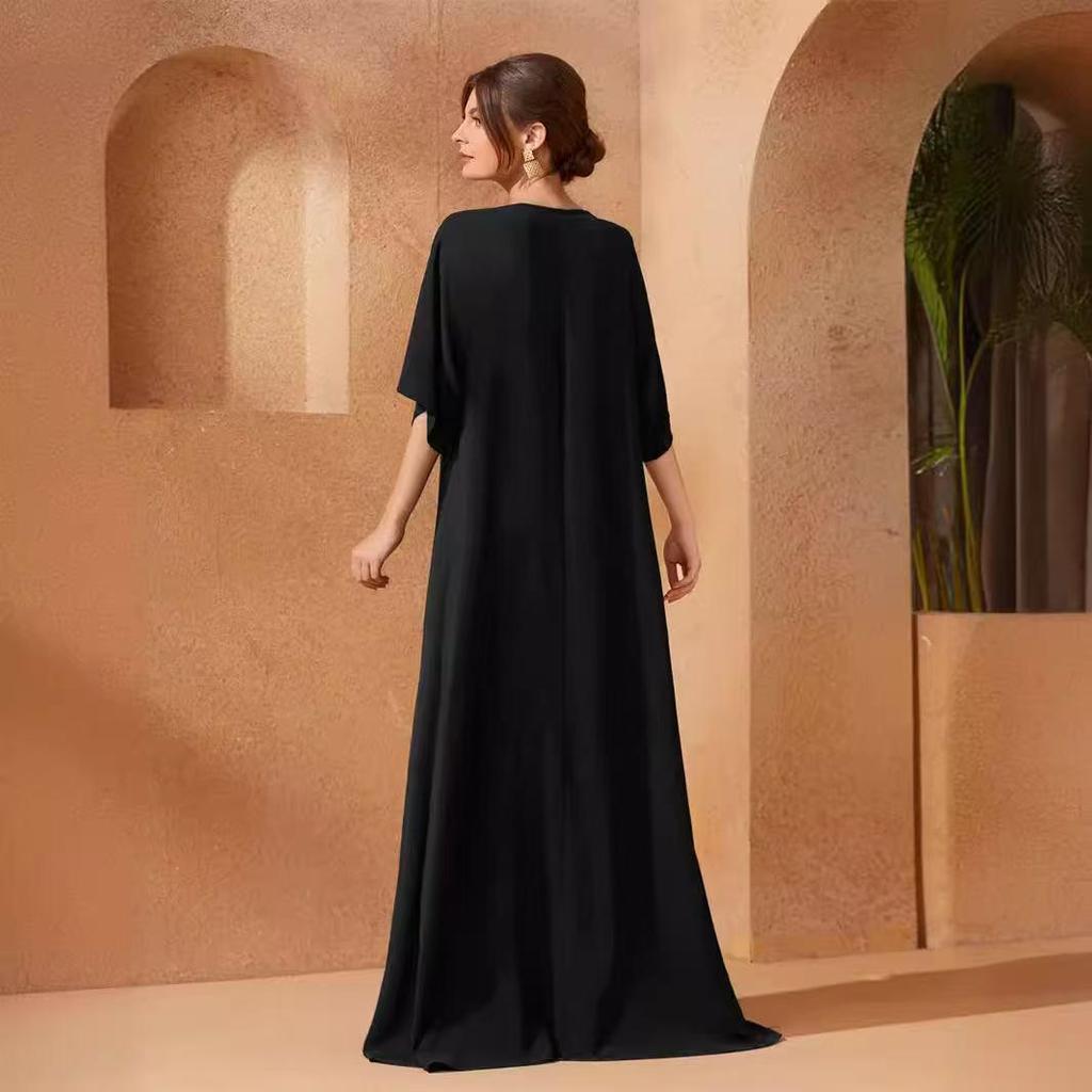 Schwarz-Gold Östlich-Ethnisch Bedrucktes Langes Robenkleid