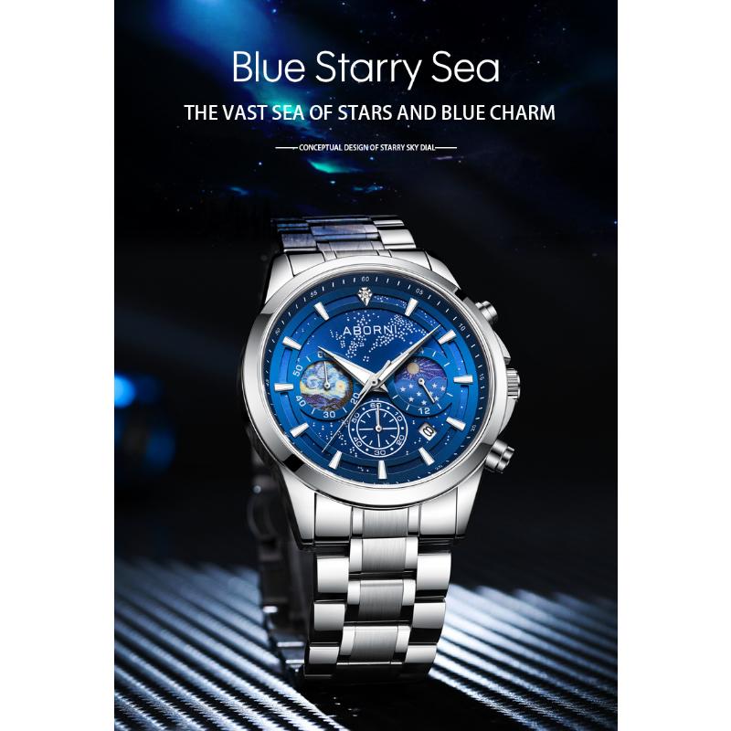 ABORNI Casual Sporty Brand Stainless Steel Band Wristwatches for Men Chronograph Quartz Watches with Date Moon Phase Watches