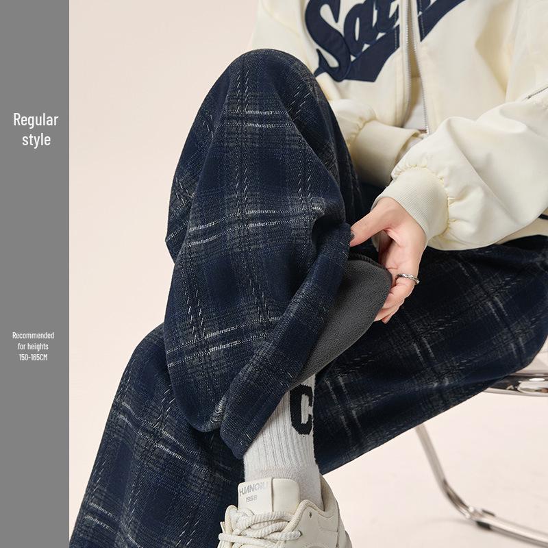 

Women s Dark Blue Velvet Plaid Wide-Leg Pants - Thickened Cotton, Petite Casual Style with Lambswool for Autumn/Winter 2025 XL