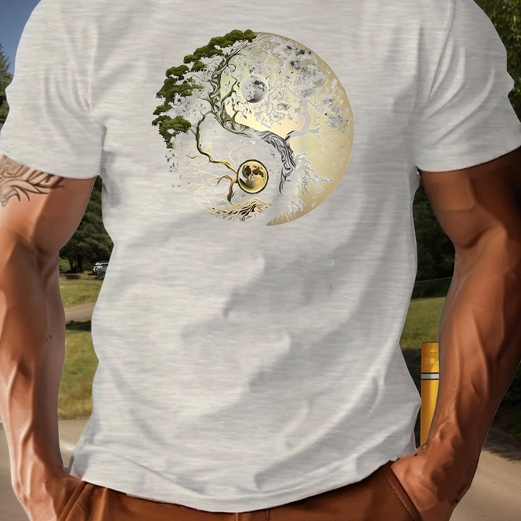 Men's summer casual loose sports yin-yang tree pattern print round neck short sleeved T-shirt top