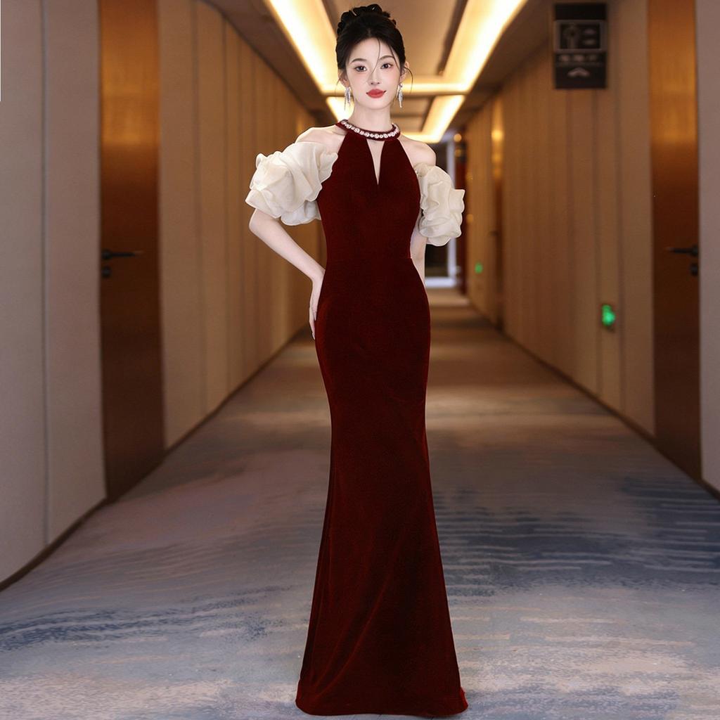 Black Evening Dress Women's 1011 New Light Luxury Niche High-end Fishtail Beautiful Senior Sense Engagement Banquet Host