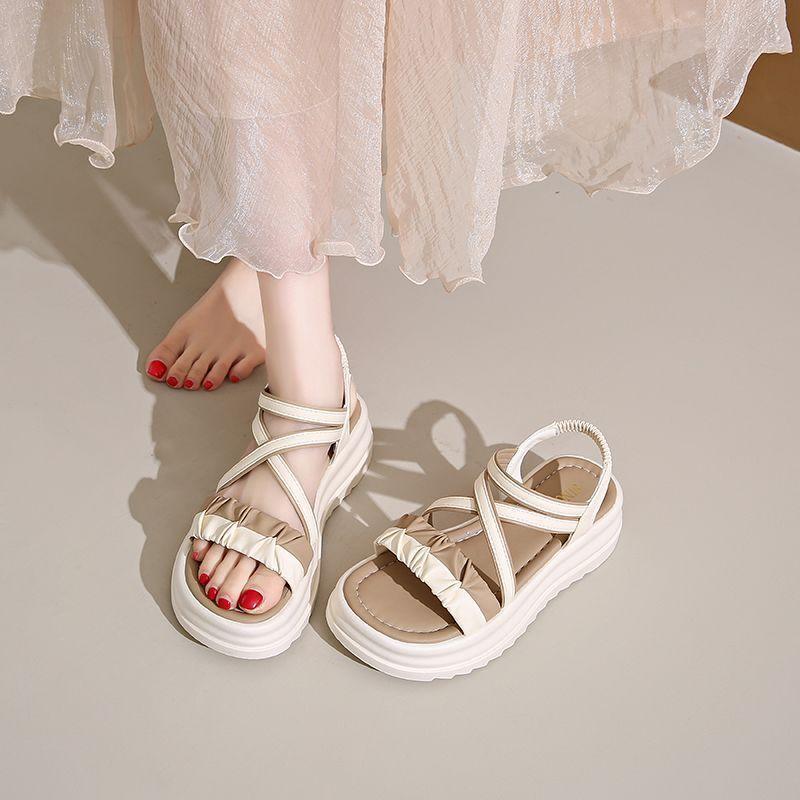 Platform Woven Sandals Slimming Versatile, Breathable Non-slip Women's Shoes Casual Wear, Elastic Band Beach Shoes