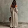 Women's Off Shoulder Maxi Dress Striped Puff 3/4 Sleeve Long Dress Summer Beach Vacation Sundress with Pockets
