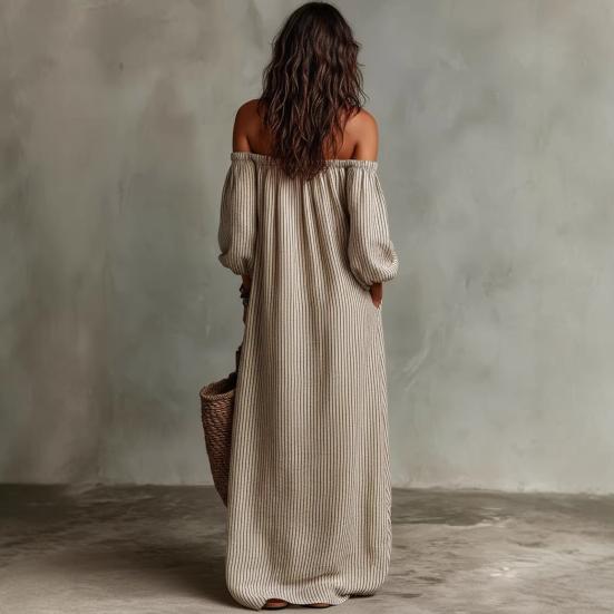 Women's Off Shoulder Maxi Dress Striped Puff 3/4 Sleeve Long Dress Summer Beach Vacation Sundress with Pockets