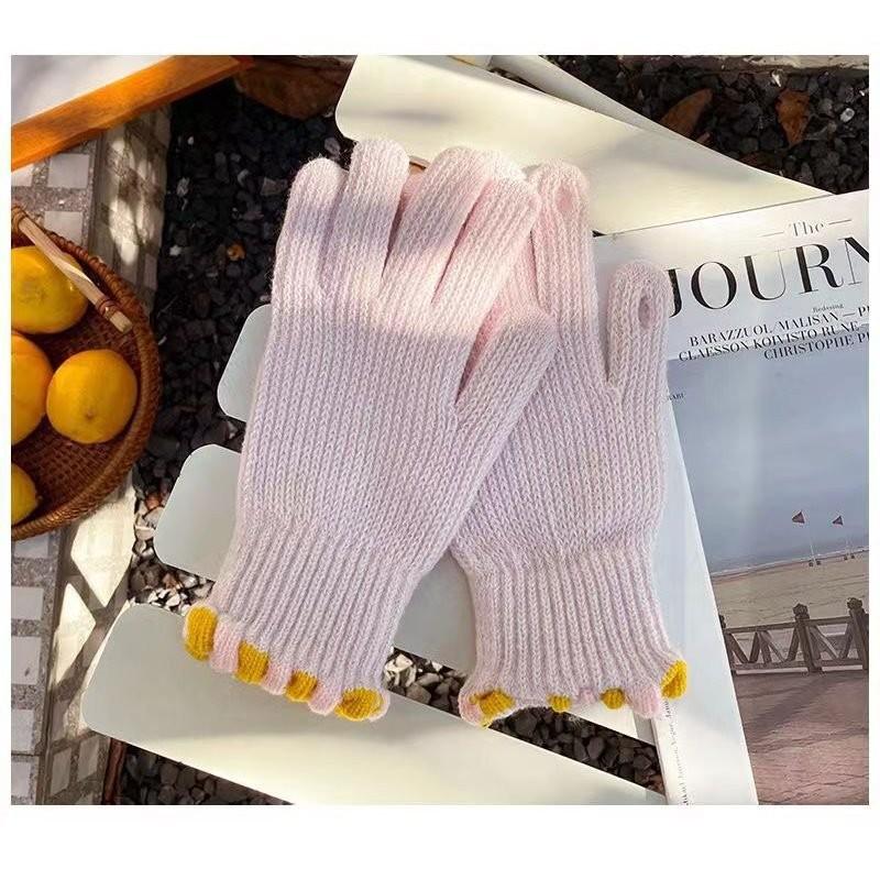 Korean jelly bean knitted gloves women's winter wool thickened leaking finger outdoor riding warm finger gloves