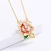 Romantic Sweet European Flower Women'S Necklace Gold-Plated Epoxy Camellia Green Leaf Enamel Pendant Women