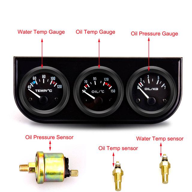 52MM 3 In 1 Oil Pressure Gauge + Volt Meter + Water Temp Gauge Kit Volt Meter with Sensor Oil Temperature Gauge Triple Meter