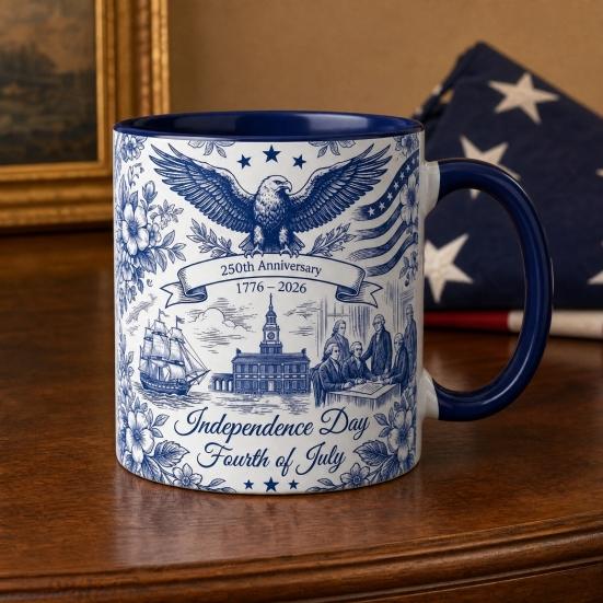 Yousheng USA 250th Anniversary Blue Mug, Patriotic Ceramic Coffee Cup with Eagle Flag Design, Independence Day Gift for Veterans Men Women