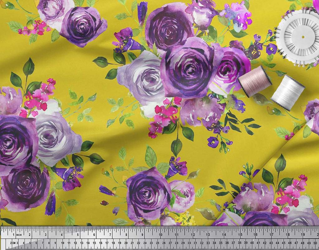 Soimoi Japan Crepe Satin Fabric Leaves & Rose Flower Fabric Prints By Metre 42 Inch