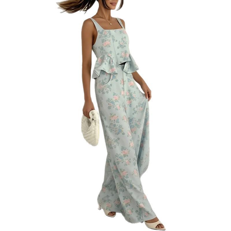 2026 Women's Spring New, Amazon Cross-border Europe and the United States, Fashion Casual Printed Lotus Leaf Sling Set