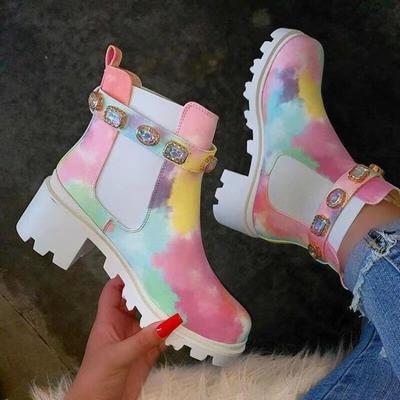 Mode Mode Übergröße Damenschuhe Frühling Neue Stiefel mit grobem Absatz Vielseitige Damen-Strass-Stiefeletten Schlichter Kurzschaft-Damenstiefel