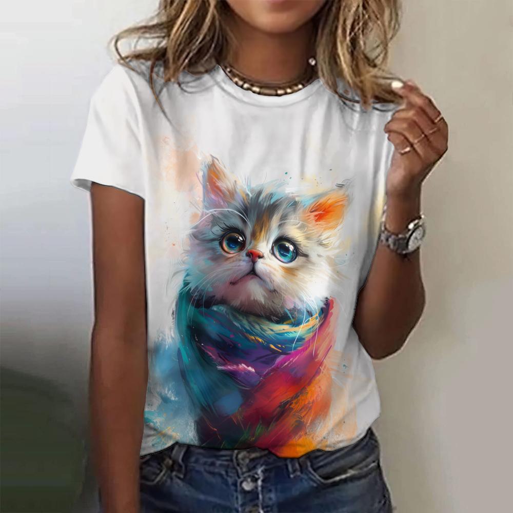 Street Pattern Girl Summer Casual Short Sleeve 3D Printed Women's Fashion Cat Women's T-shirt