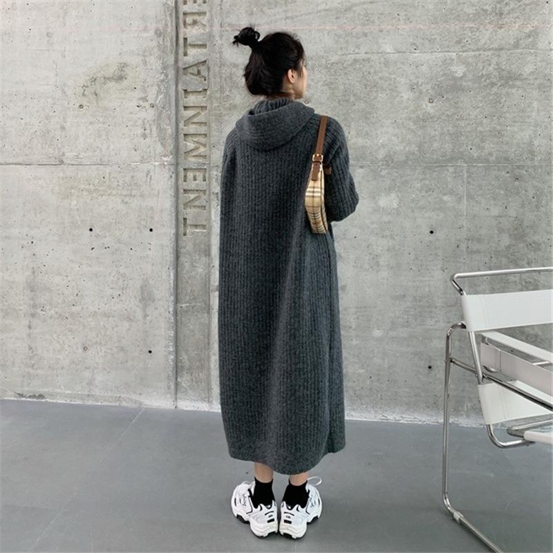 Hooded sweater dress women's autumn and winter new loose and thin medium and long knee thick knitted skirt large size top