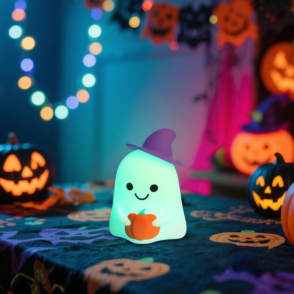 Cute Night Light, Halloween 7-Color Changing Silicone Hand-Controlled Lamp, USB-C Rechargeable Dimmable Bedside Lamp For Kids' Bedroom